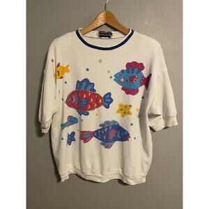 Vintage Placements T Shirt Womens 2X White Fish Ocean Sea Life Thermal Artsy 90s